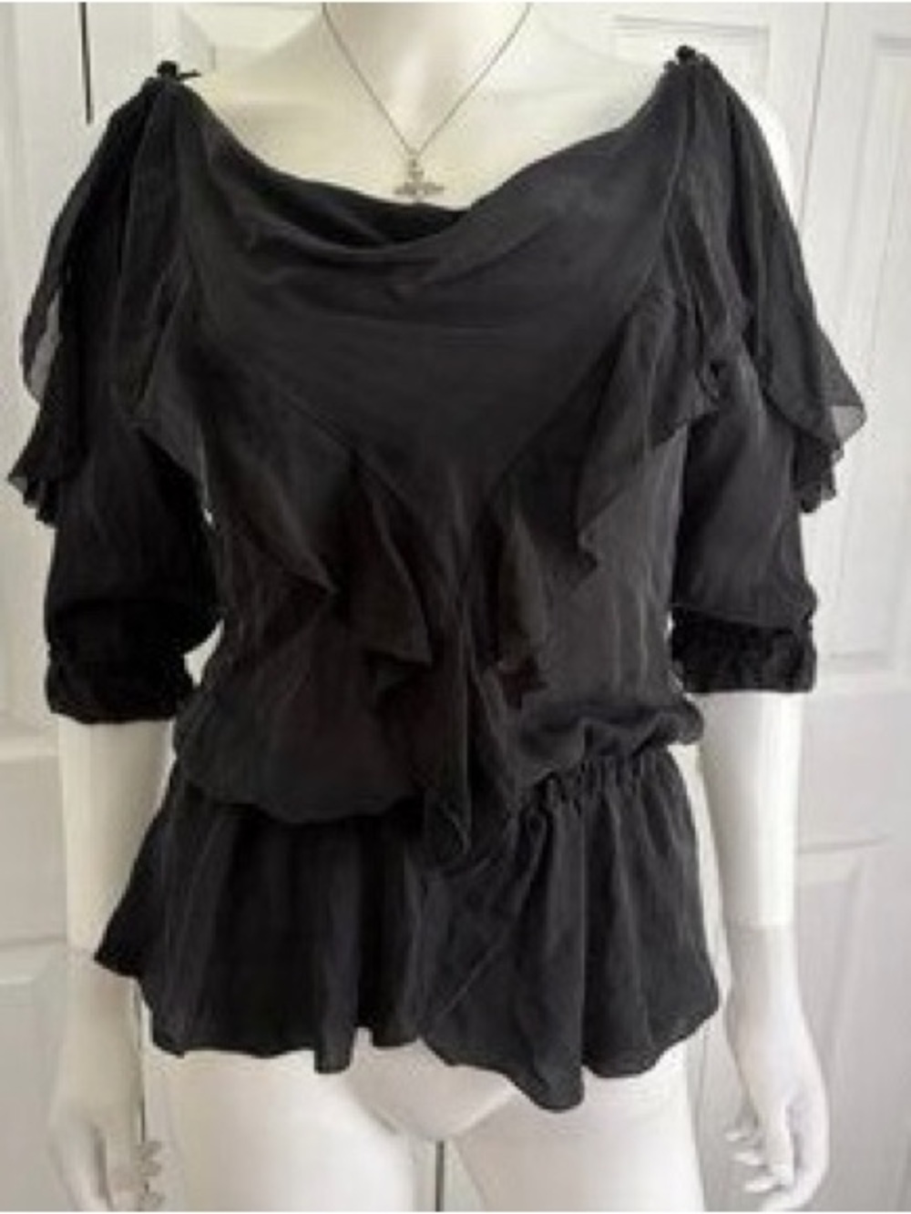 White House Black Market Black Ruffle Peasant Blouse